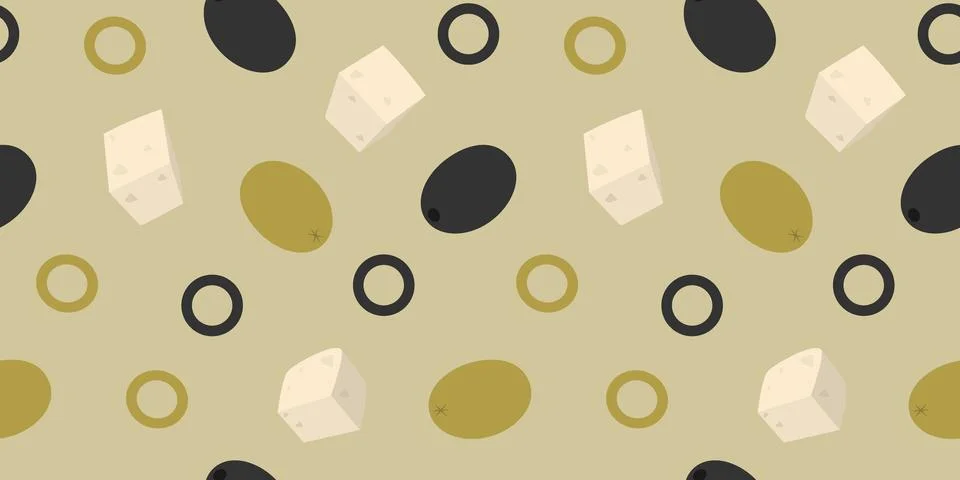 Hand Drawn Cheese cubes and Various Olives Seamless Pattern Banner Format Stock Illustration