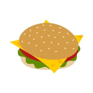 Hand Drawn Cheeseburger Illustration consisting Sesame bun cheese slice, salad Stock Illustration