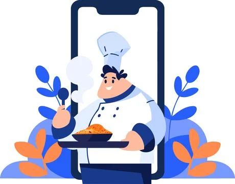 Hand Drawn Chef character teaching cooking in the concept of teaching onlin.. Stock Illustration
