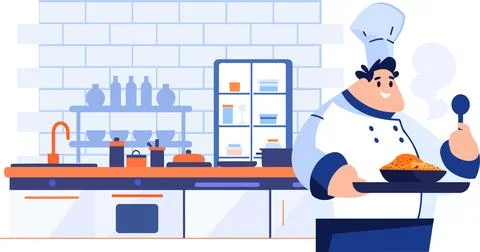 Hand Drawn Chef is cooking in the kitchen in flat style 스톡 일러스트