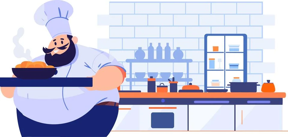 Hand Drawn Chef is cooking in the kitchen in flat style 스톡 일러스트