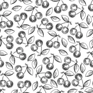 Hand drawn cherries seamless pattern - monochromic berries background Stock Illustration
