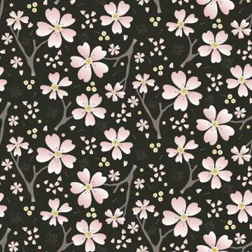 Hand drawn cherry blossom seamless pattern. Japanese sstyle tossed moody dark Stock Illustration