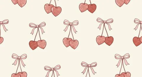 Hand-drawn cherry pattern with pink bows, romantic, cute, pastel, summer, v.. Иллюстрация