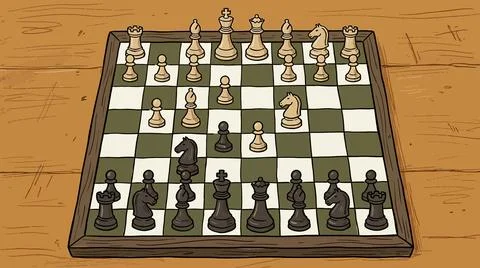 Hand drawn chess game with board and pieces in natural colors for game lovers Stock Illustration