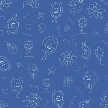 Hand drawn child kid, flower, star, heart outline pattern on blue background Stock Illustration