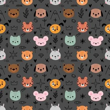Hand drawn childish seamless pattern with cute animals. Creative baby textu.. Stock Illustration
