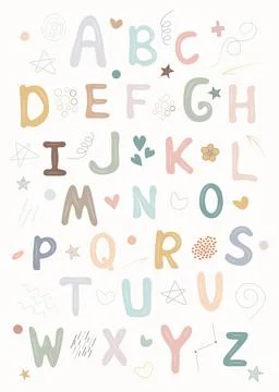 Hand drawn Children Alphabet with cute letters clip art, ABC Poster, Kids E.. Stock Illustration