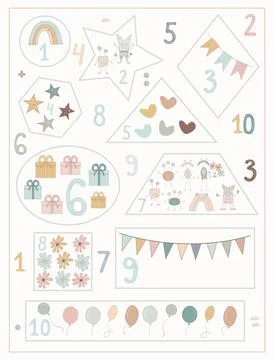 Hand drawn Children  count poster with cute Numbers clip art, ABC Poster, K.. Stock Illustration