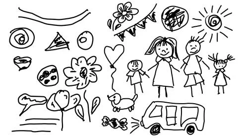 Hand drawn children doodle set with family and animals and car in black ink on Stock-Illustration