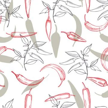Hand drawn  chili pepper. Vector seamless pattern. Stock Illustration