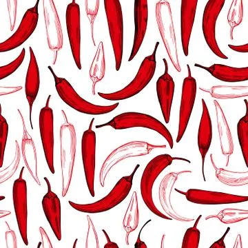 Hand drawn  chili pepper. Vector seamless pattern. Stock Illustration