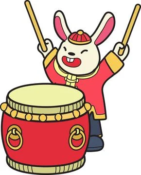 Hand Drawn Chinese rabbit with drum illustration 库存插图