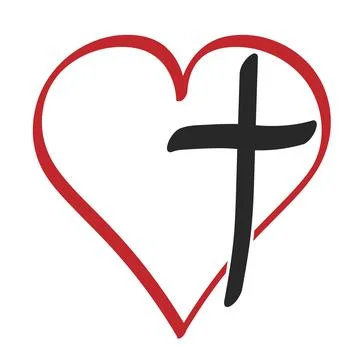 Hand drawn Christian cross inside solid red heart symbol Stock Illustration