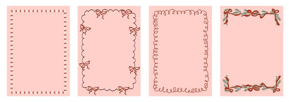 Hand drawn Christmas doodle frames with whimsical sketch borders, garland, bow Stock Illustration