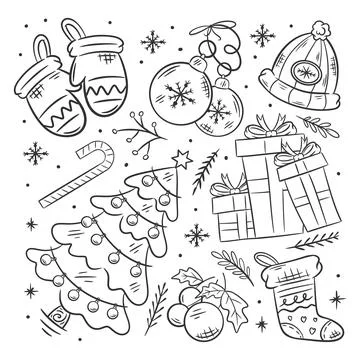 Hand drawn christmas element collection set of coloring Stock Illustration