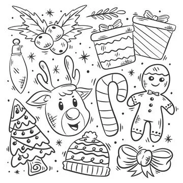 Hand drawn christmas element collection coloring Stock Illustration