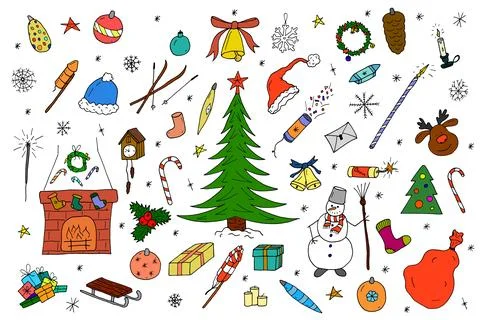 Hand drawn christmas elements in doodle style. Stock Illustration