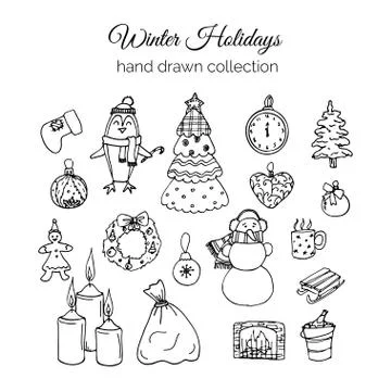 Hand Drawn Christmas Elements Set. Winter Holidays Stock Illustration