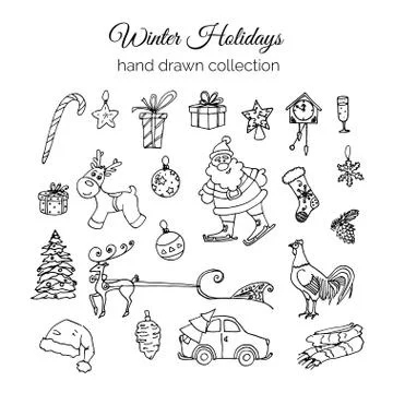 Hand Drawn Christmas Elements Set. Winter Holidays Stock Illustration