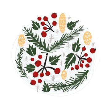 Hand drawn Christmas elements set with leaves and berries Stock Illustration