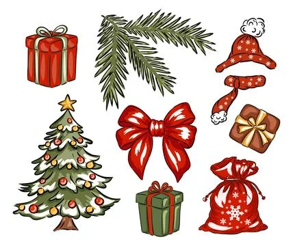 Hand drawn Christmas elements set including gifts, decorations, and a Christmas Illustrazione stock
