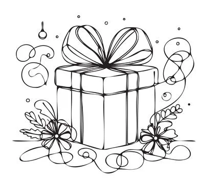 Hand drawn christmas gift box with ribbon bow and floral decoration outline Stock Illustration