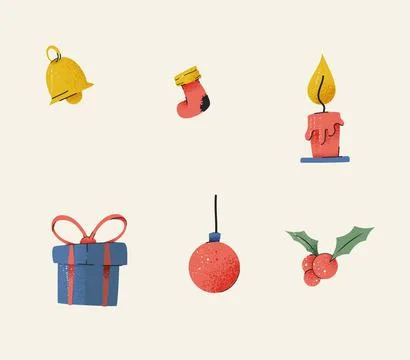 Hand Drawn Christmas Icon Set with Bell, Gift and Candle Stock Illustration