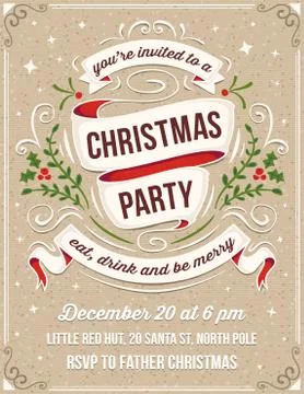 Hand Drawn Christmas Party Invitation with White Ribbons and Ornaments Stock Illustration