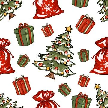 Hand drawn Christmas pattern with Christmas tree, gifts, and festive sacks, Stock Illustration