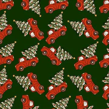 Hand drawn Christmas pattern featuring red trucks with Christmas trees on a Stock Illustration