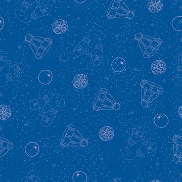 Hand-drawn Christmas pattern with hat, orange, mittens and snowflakes Illustrazione stock