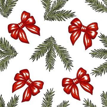 Hand drawn Christmas pattern of red bows and evergreen branches, vector 스톡 일러스트