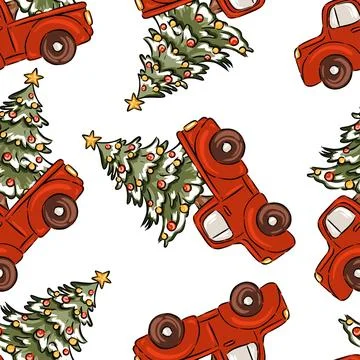 Hand drawn Christmas pattern red vintage trucks with Christmas tree vector イラスト素材