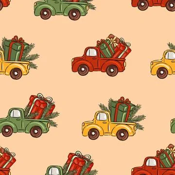 Hand drawn Christmas pattern with red trucks and gift boxes vector illustration Stock Illustration