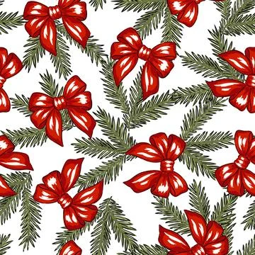 Hand drawn Christmas pattern with red ribbons and green pine branches, new year Stock-Illustration