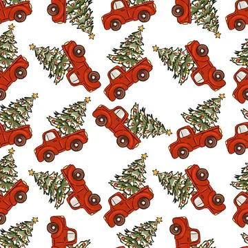 Hand drawn christmas pattern red truck with christmas tree vector illustration Stock Illustration