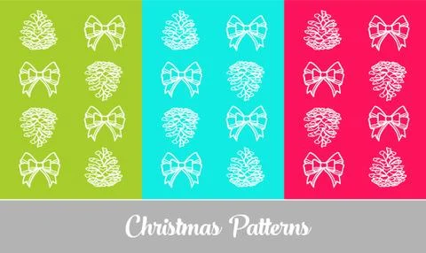 Hand drawn Christmas pattern with ribbon bow and pine cone. Vector hand drawn Stockillustratie