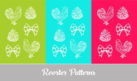 Hand drawn Christmas pattern with rooster. Vector cock, New Year symbol, hand Stock Illustration