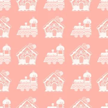 Hand drawn christmas pattern with sweet gingerman cookies of houses and train イラスト素材