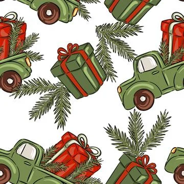 Hand drawn Christmas pattern vintage green trucks with gifts and pine branches Stock Illustration