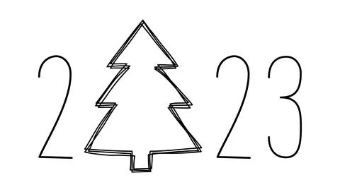 Hand drawn Christmas pine tree with year 2023 line art Stock-Illustration