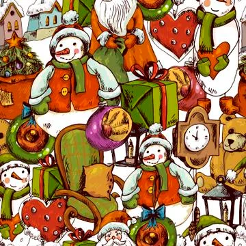 Hand-drawn Christmas Seamless Background Stock Illustration