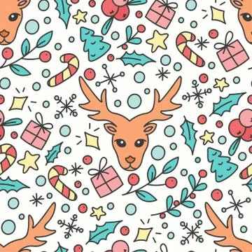 Hand Drawn Christmas Seamless Pattern. New Year Background Stock Illustration