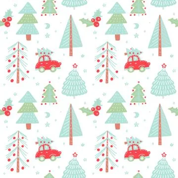 Hand drawn Christmas seamless pattern with christmas trees. Cute red retro ca Stock Illustration