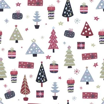 Hand drawn Christmas seamless pattern. Doodle texture with xmas tree, gift bo Stock Illustration