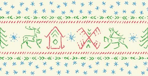Hand drawn christmas seamless pattern with deer, house, tree, snowflakes. Stock Illustration
