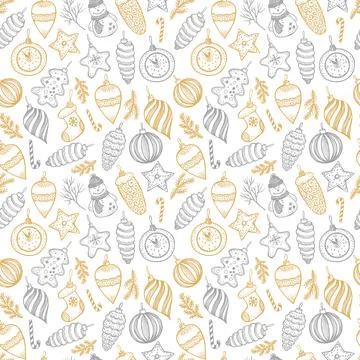 Hand drawn Christmas seamless pattern. Fur tree with balls, toys and fir-cone Stock Illustration