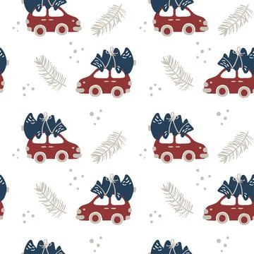 Hand drawn Christmas seamless pattern background with red car and Christmas tree Stockillustratie