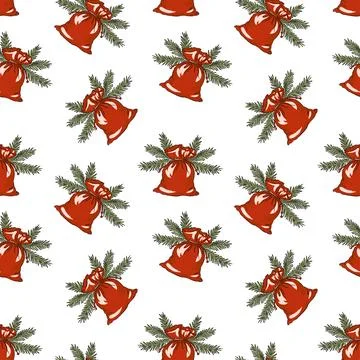 Hand drawn Christmas seamless pattern of festive red bags with pine branches for Illustrazione stock